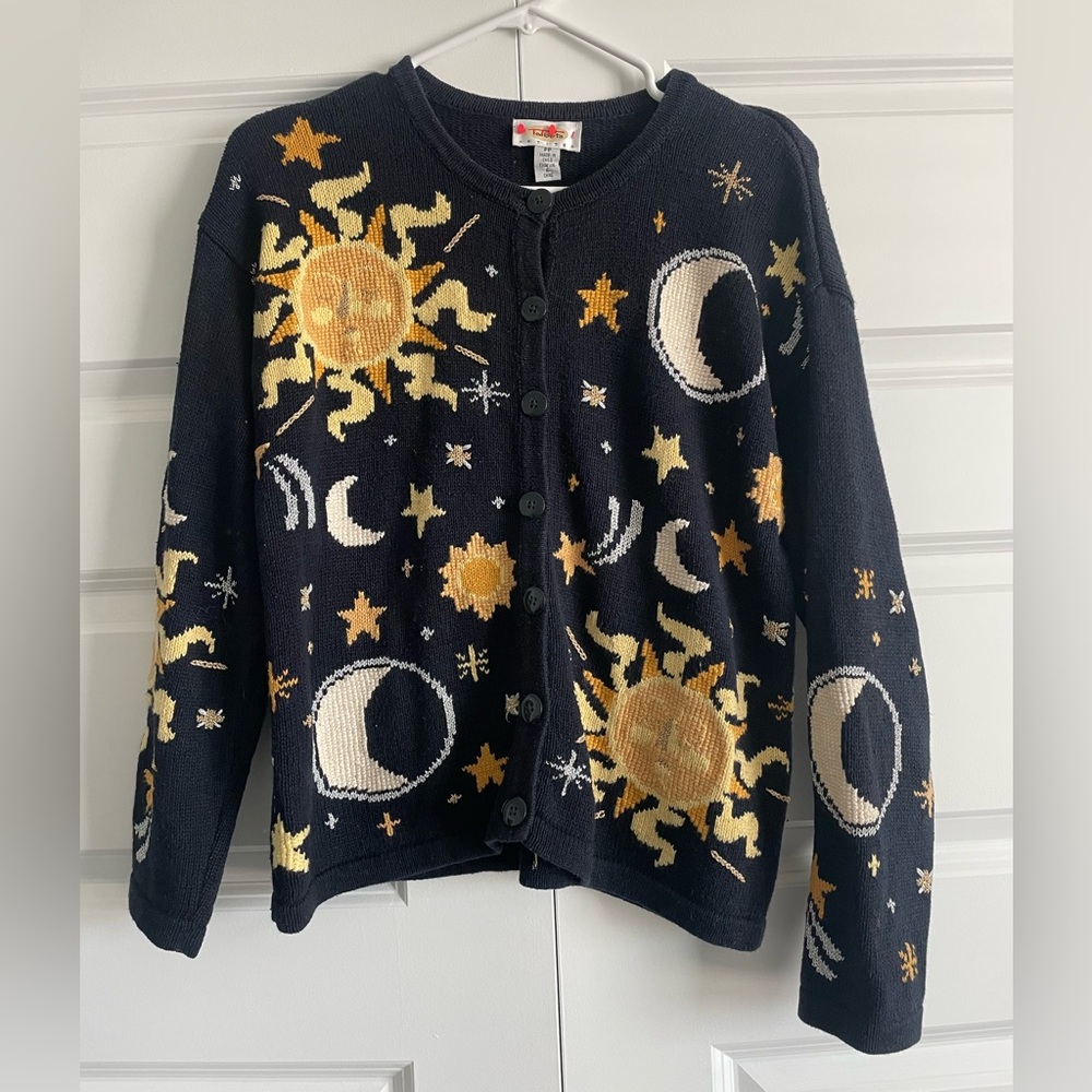Vintage Celestial Sun Moon Ramie Cotton Cardigan Sweater Button Up